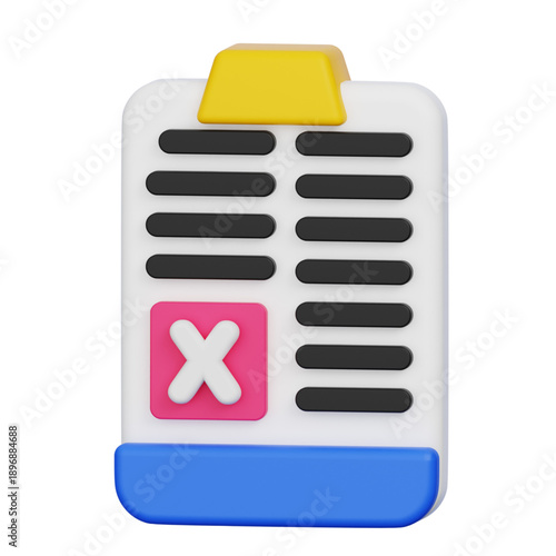 3D Checklist Icon With Red Cross Symbol and Yellow Clip