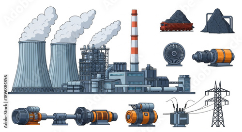 Industrial Power Plant and Equipment Illustration.