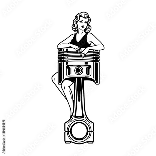Vintage Pin Up Girl Posing on Engine Piston.