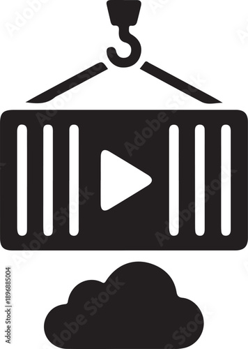 A shipping container hanging from a crane hook, positioned above a cloud symbol.