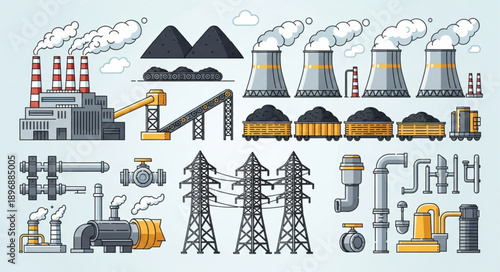 Industrial power plant and factory elements collection.