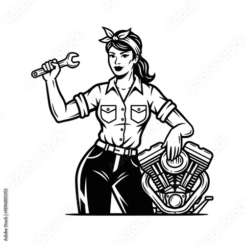 Retro Pin Up Woman Mechanic Holding Wrench Next to Motorcycle Engine.