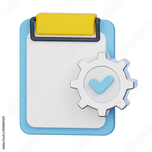 3D Checklist Icon with Gear and Checkmark for Task Management and Success