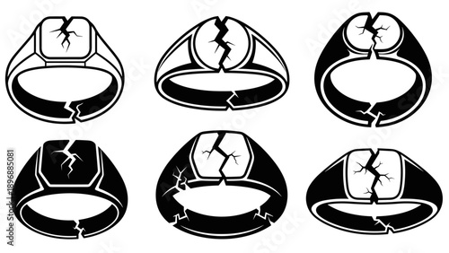Set of Six Broken Rings with Cracks Detailed Illustration.