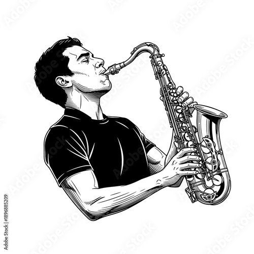 Man playing saxophone with intense focus.