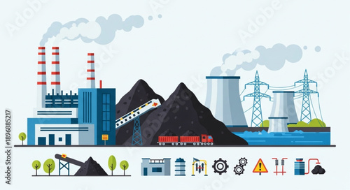 Industrial power plant complex with cooling towers and smokestacks.