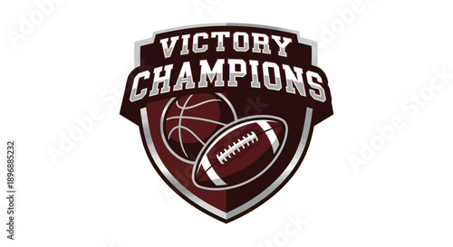 Victory Champions sports emblem with basketball and football.