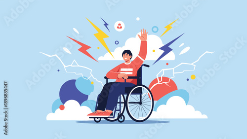 Determined man in a wheelchair with raised hand surrounded by lightning and clouds symbolizing resilience, strength, and empowerment.