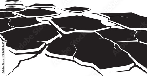 Cracked black surface on white background with deep fissures