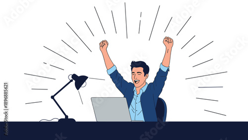 Excited office worker cheering in front of his laptop at a desk with arms raised, celebrating success or good news.