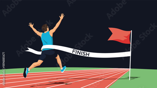 Male runner crossing the finish line on a track with arms raised in victory against a dark background with red flag.
