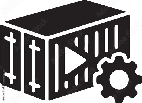 A 3D shipping container with a "play" triangle symbol on the side and a gear wheel next to it.