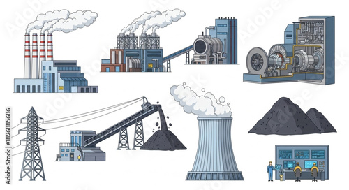 Industrial power plant equipment and coal energy production elements.