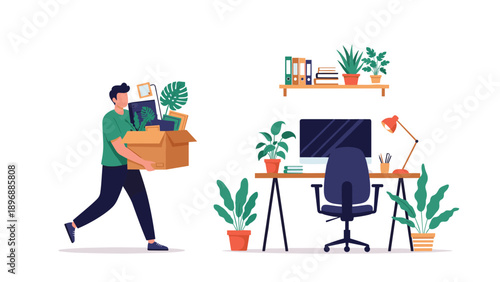 Man carrying a cardboard box full of office items and plants away from a workspace, representing moving or resigning.