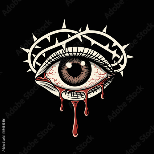 Bleeding eye with crown of thorns, a symbol of suffering and sacrifice.