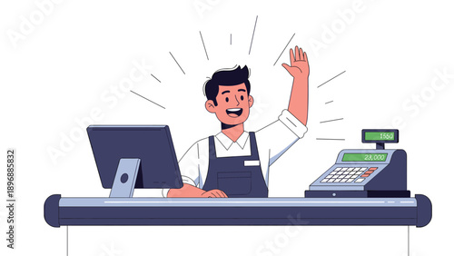 Friendly male store cashier in an apron waving and smiling from behind a checkout counter with a cash register and monitor.