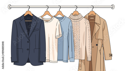 Set of various garments including a suit jacket and trench coat hanging neatly on a clothing rack in a wardrobe.