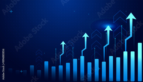 Modern Upward arrow movement shows positive move toward a financial goal.strong up trend of economic and finance arrows with growing column charts rising