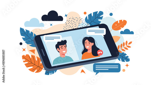 Video call interface on a smartphone screen showing a man and a woman talking with speech bubbles and abstract leaves.