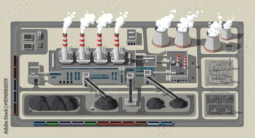 Industrial Power Plant Facility with Smokestacks Emitting Steam.
