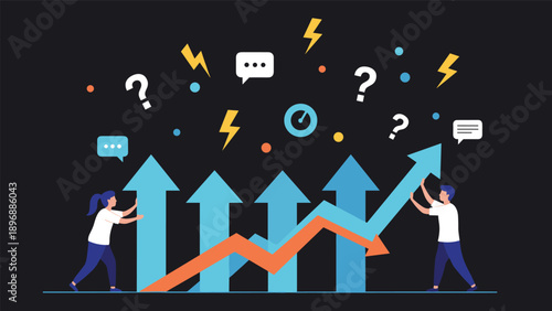 Team of people working together to push blue and orange arrows upwards, representing business growth, success, and positive trends.