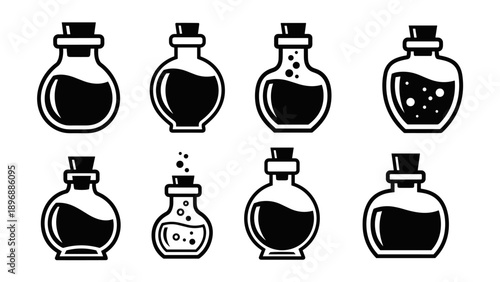 Collection of Eight Black and White Potion Bottles.