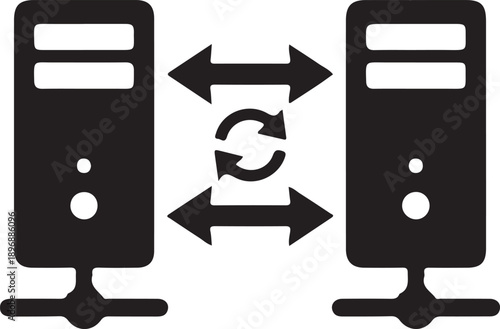 Two server towers connected by a double-headed arrow containing a sync/refresh symbol.