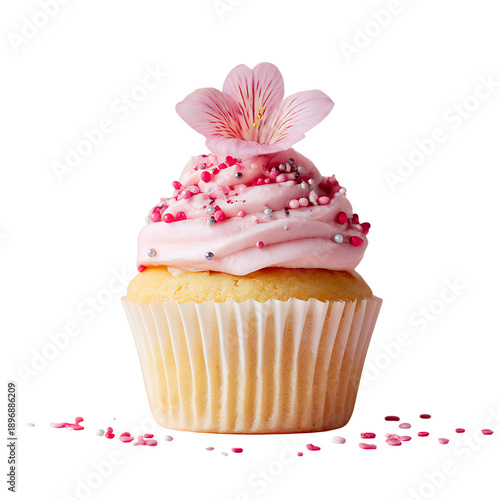 Pink cupcake with a flower and pink sprinkles delicious sweet png 