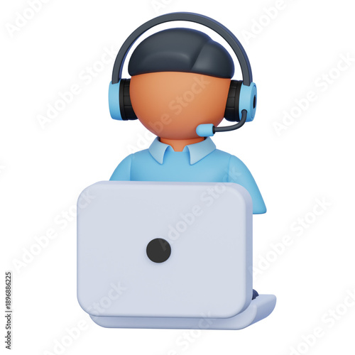 3D Character with Headset and Laptop Icon for Customer Service or Support