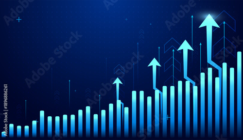 The strong up trend of economic and finance arrows with growing column charts, Rising arrows highlights a strong finance point of steady increase. vector