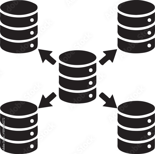 A central database cylinder connected by arrows to four surrounding database cylinders.