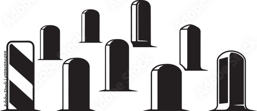 Black and white illustration of various tombstones and monuments