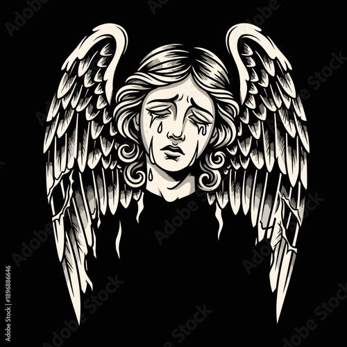 Crying angel with large wings, a symbol of sorrow and spiritual reflection.