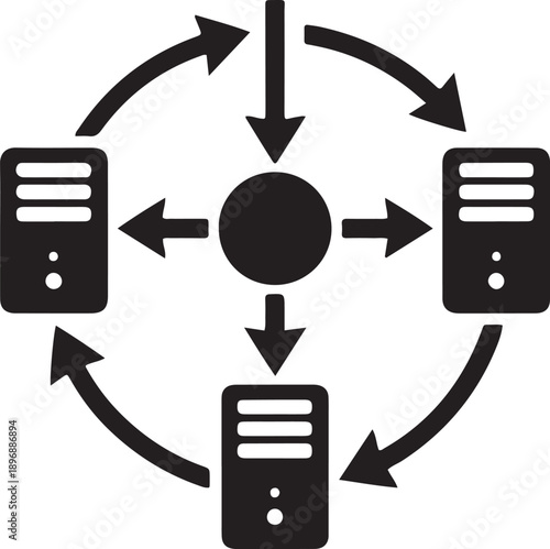 A central node distributing incoming traffic sequentially to a loop of three servers.