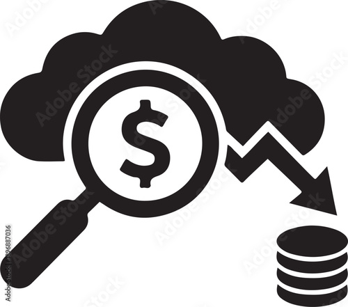 A magnifying glass with a dollar sign analyzing a cloud, leading to a downward trend arrow and a stack of coins.