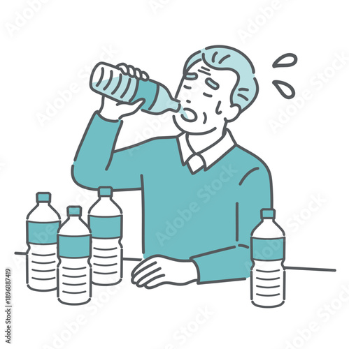 喉が渇いて大量の水を飲む高齢男性のイラスト（糖尿病・多飲・口渇・熱中症）