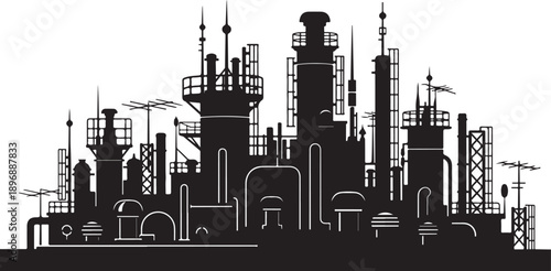 Industrial Cityscape Silhouette with Various Factory Buildings and Cranes