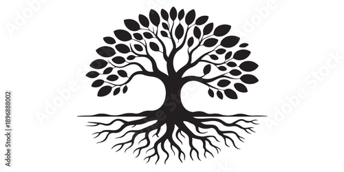 Black silhouette of stylized tree of life with spreading branches and visible roots underground symbolizing growth, nature, and interconnectedness on transparent background