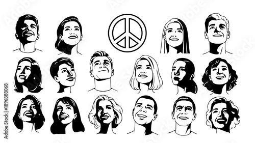Diverse Group of People Looking Up with Peace Sign Symbol Black and White Illustration
