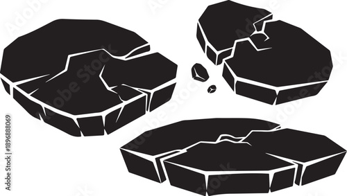 Broken black stone pieces on white background illustration
