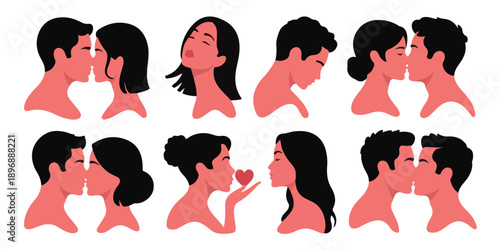 Flat color illustration set showing passionate romantic moments between young heterosexual couples kissing intimate close-up vector graphic collection of deep affection and emotion