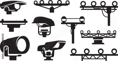Security camera icons and surveillance systems in black silhouette