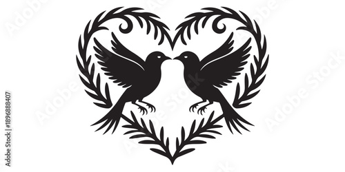 Silhouette vector illustration of two birds facing each other inside heart shape framed with ornate swirling foliage for eternal love symbol decoration design element
