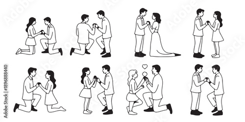 Outline drawing collection featuring diverse romantic heterosexual couples during marriage proposal moments kneeling engagement illustrations vector set for commitment concepts