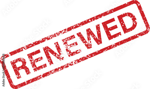 A distressed red rubber stamp prominently shows the word RENEWED against a clean white backdrop