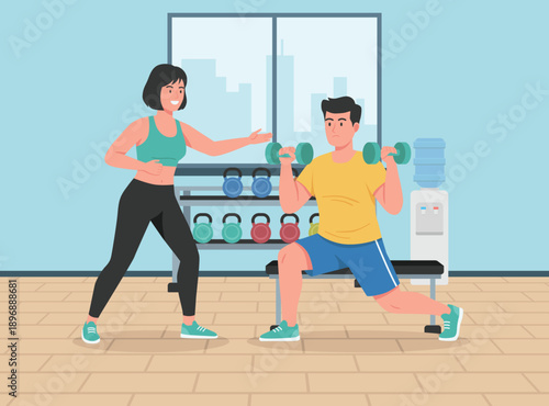 professional female personal trainer assists a man performing dumbbell lunges in a modern gym. exercise equipment, a water cooler, and a city view.