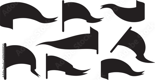 Black flags waving in the wind on white background