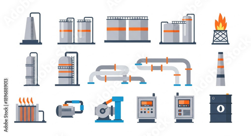 Industrial oil refinery and chemical plant equipment illustrations.