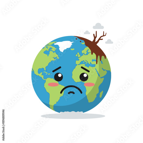 Sad Earth Cartoon Character Suffering From Climate Change and Pollution