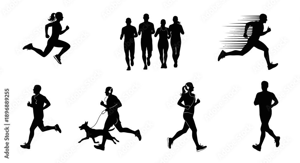 Obraz premium Collection of running people silhouettes including a female runner, a group of four diverse individuals jogging, a man running with speed lines and a man jogging with a dog in motion